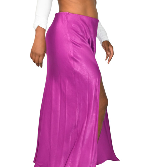 Anthropologie Satin Slip Skirt Purple Magenta Slit Midi Column Viscose Medium - Picture 2 of 14